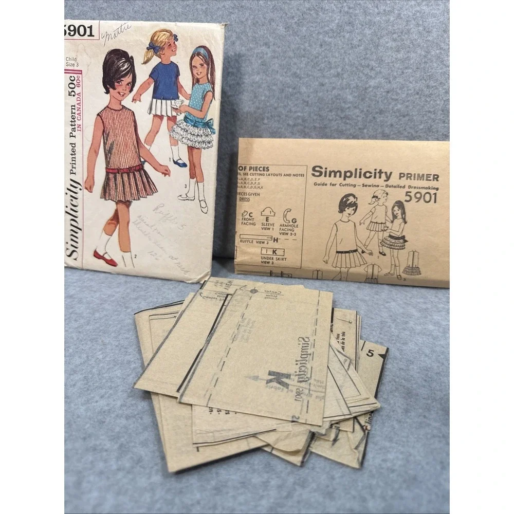 VTG 1965‎ Simplicity 5901 Child Dress 3T Pleated Skirt CUT Drop Waist Fit Flare